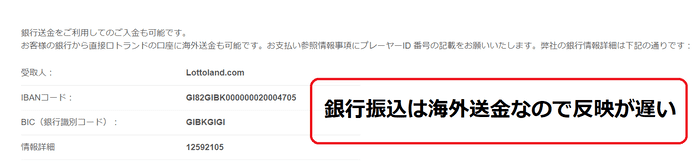 ロトランドの銀行振込は海外送金なので反映が遅い
