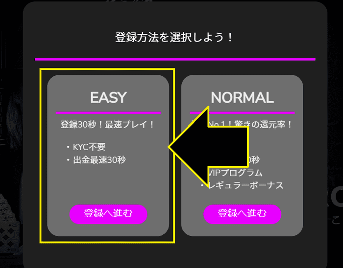 アドレスだけで登録できる「ワンダーカジノEASY」