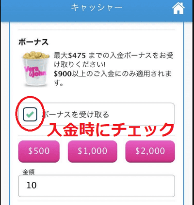 入金時に「ボーナスを受け取る」の項目にチェック