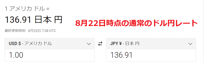 8月22日時点の通常のドル円レート