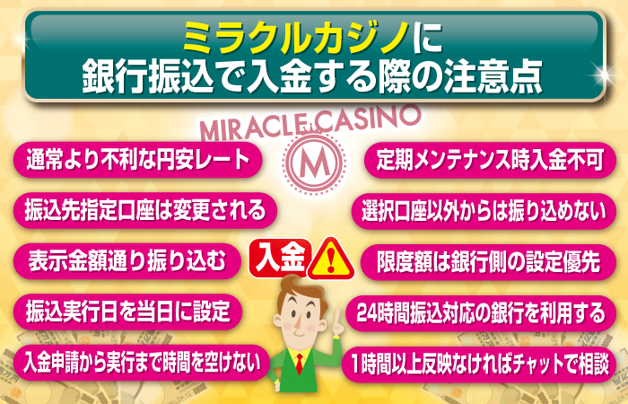 ミラクルカジノに銀行入金する際の注意点