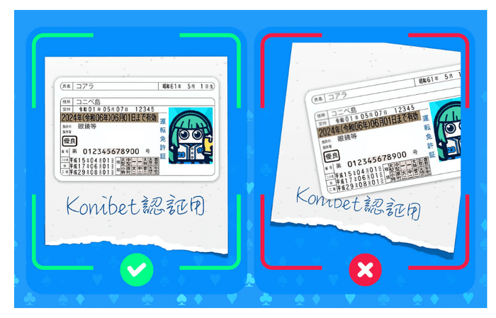 「Konibet認証用」という手書きの紙を添えて撮影